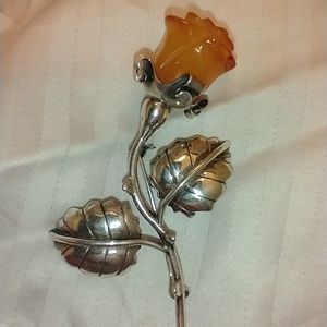 Vintage Baltic Amber and 925 Silver Rose Pin/Brooch